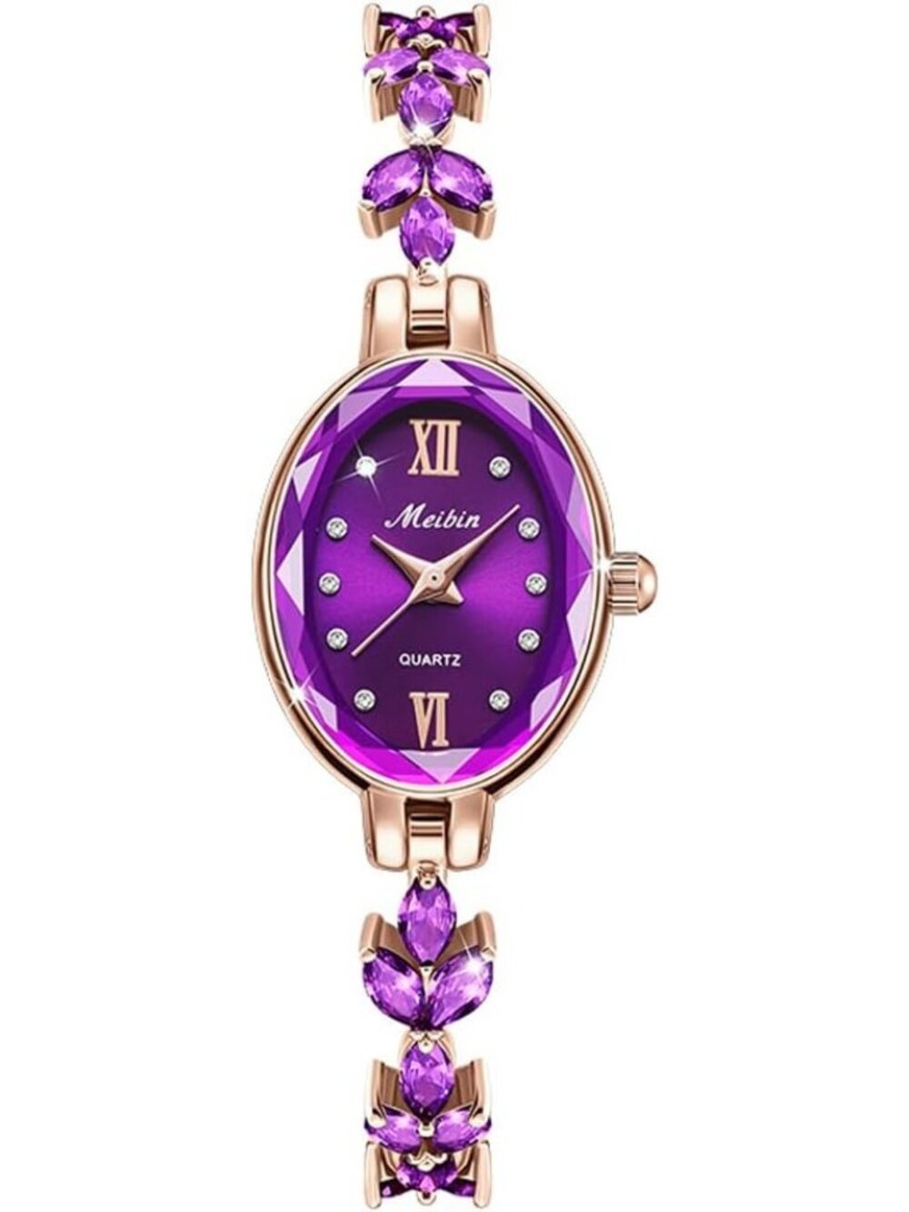 Women's Purple Crystal Diamond Bangle Ladies Bracelet Luxury Oval Wristwatch